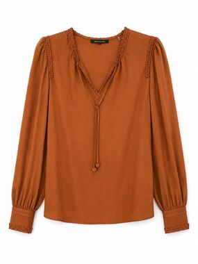 Kobi Halperin Rust-Tone Long-Sleeve V-Neck Blouse with Tassel Tie